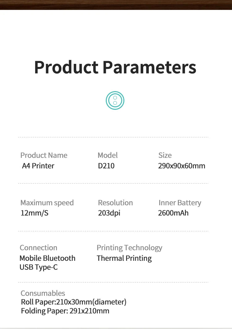 Marklife D210 Thermal Paper Printer Direct Wirless Mobile Photo Printer USB BT Connection Support A4 Thermal Paper Width