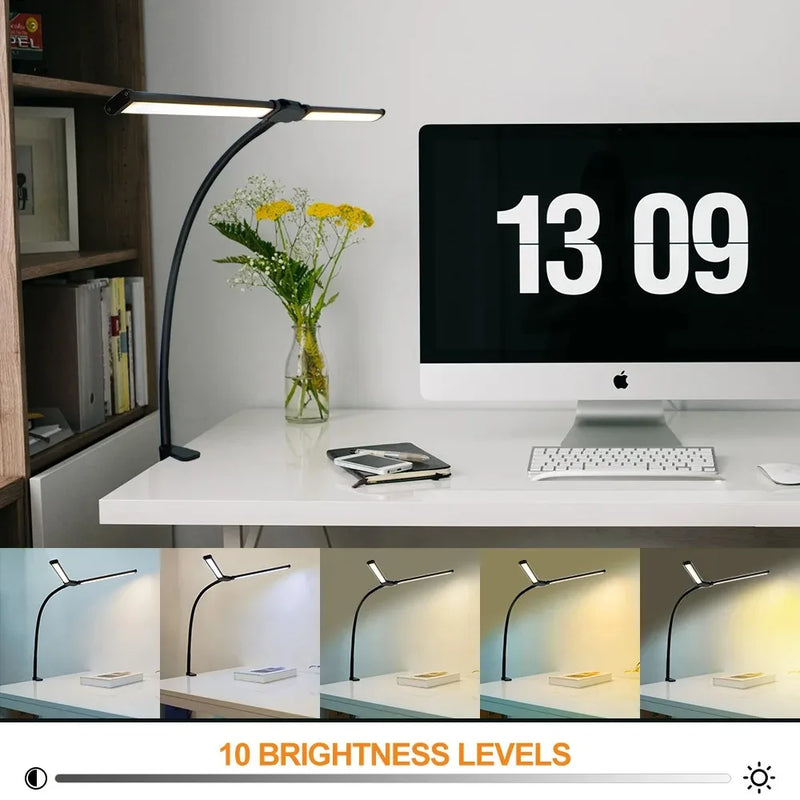 Double Head LED Clip Desk Lamp Architect Table Lamp Stepless Dimmable Computer Monitor Light for Home Office Reading Lighting