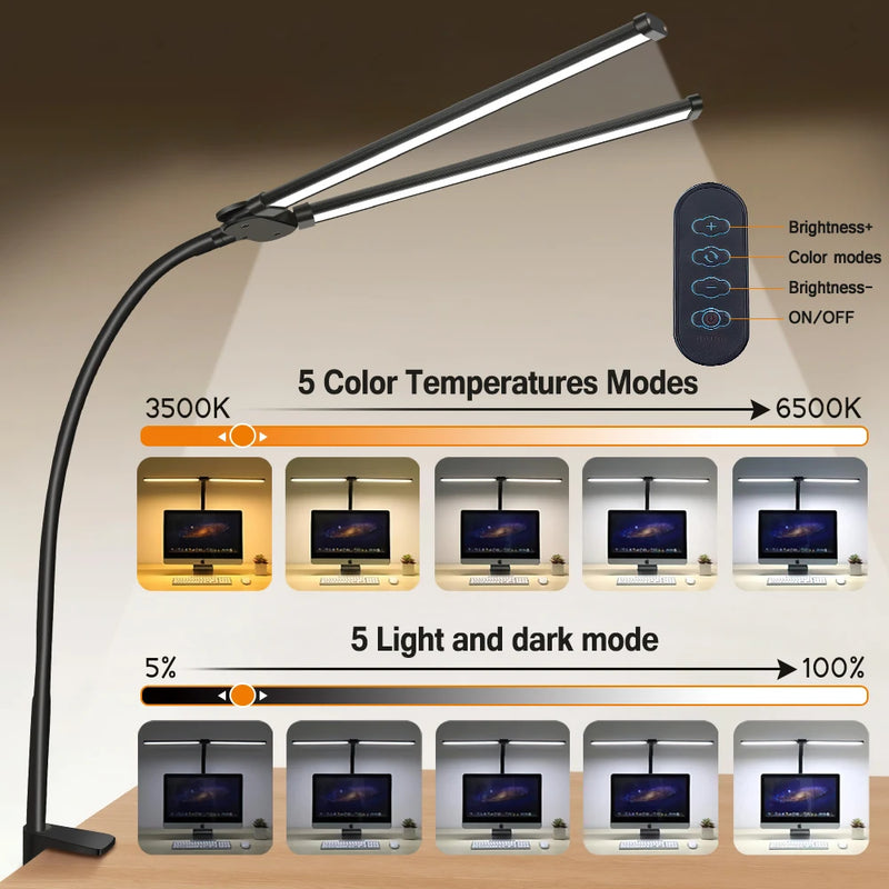 Double Head LED Clip Desk Lamp Architect Table Lamp Stepless Dimmable Computer Monitor Light for Home Office Reading Lighting