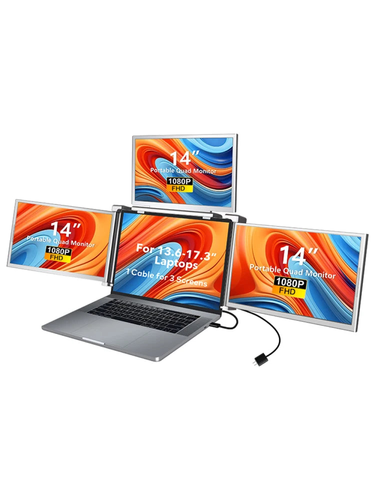 14 inches Laptop Expansion Screen 1080P FHD Quad-screen Monitor Driver Quick Installation Monitor with 1 Cable for 3 Displays