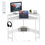 Compact L-Shaped Corner Desk with Built-In Power Board, White