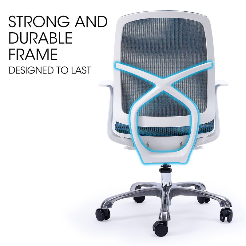 FORTIA Ergonomic Office Desk Chair, Coolmesh Fabric, Adjustable Recline, Blue Mesh/White Frame